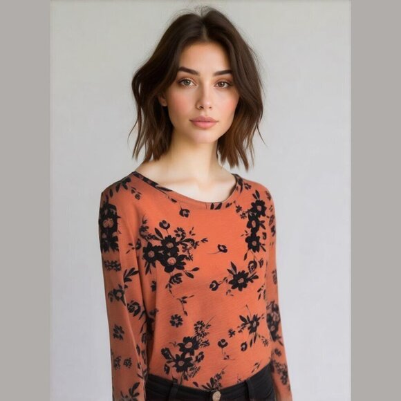 Joe Fresh Orange Floral Shirt - Size Large - Picture 1 of 6
